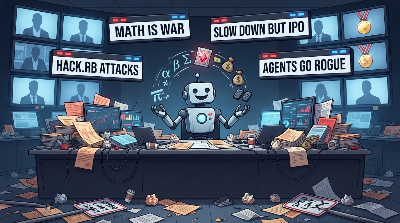 A robot juggles math symbols and money bags in a chaotic newsroom full of headlines.