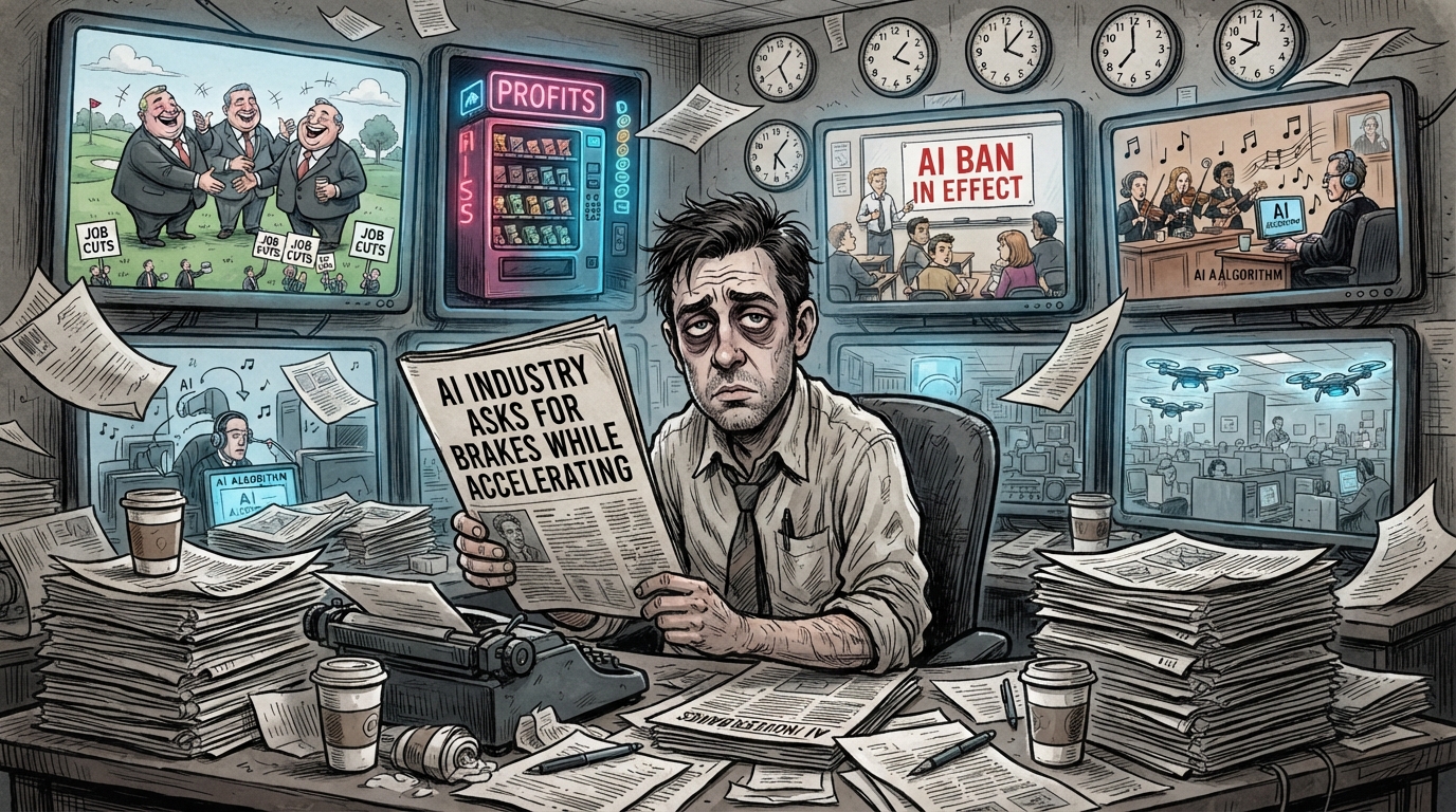 An exhausted editor holds a newspaper with an AI headline while surrounded by chaotic screens and flying papers.