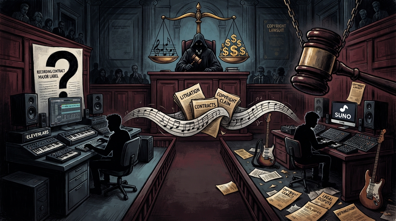 Two AI music studios face each other across a courtroom aisle where sheet music becomes legal briefs before a judge.