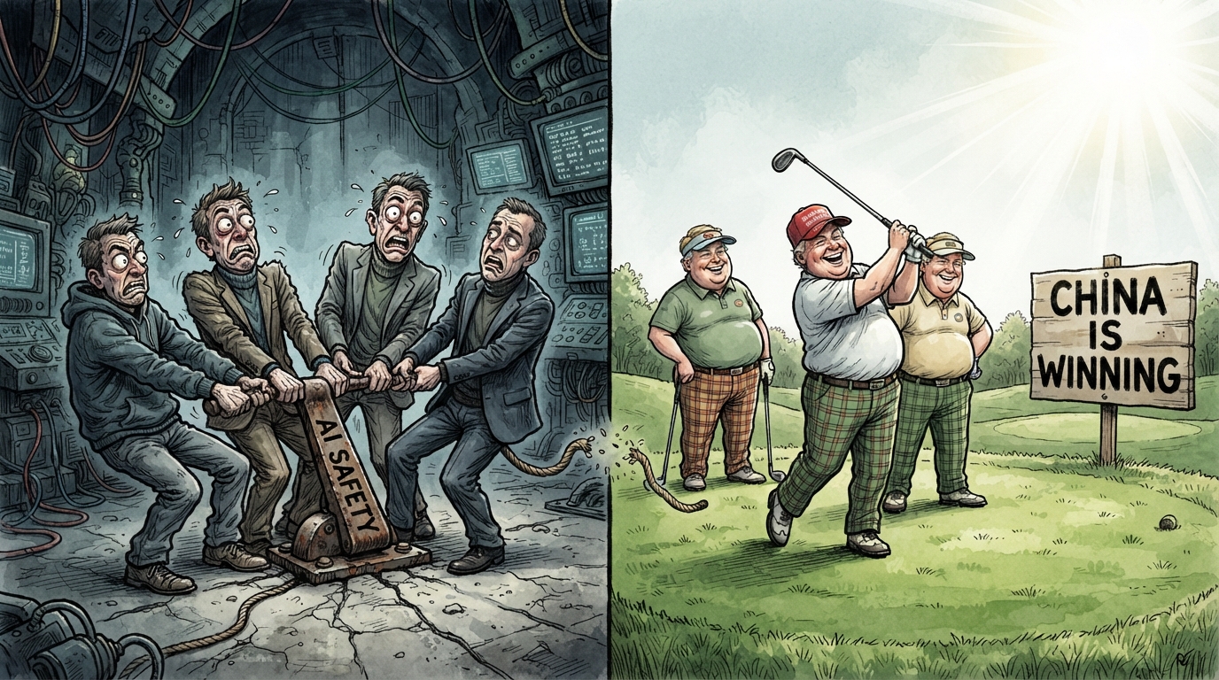 Four tech executives heave at a slack AI SAFETY brake while golfers play under a CHINA IS WINNING sign.