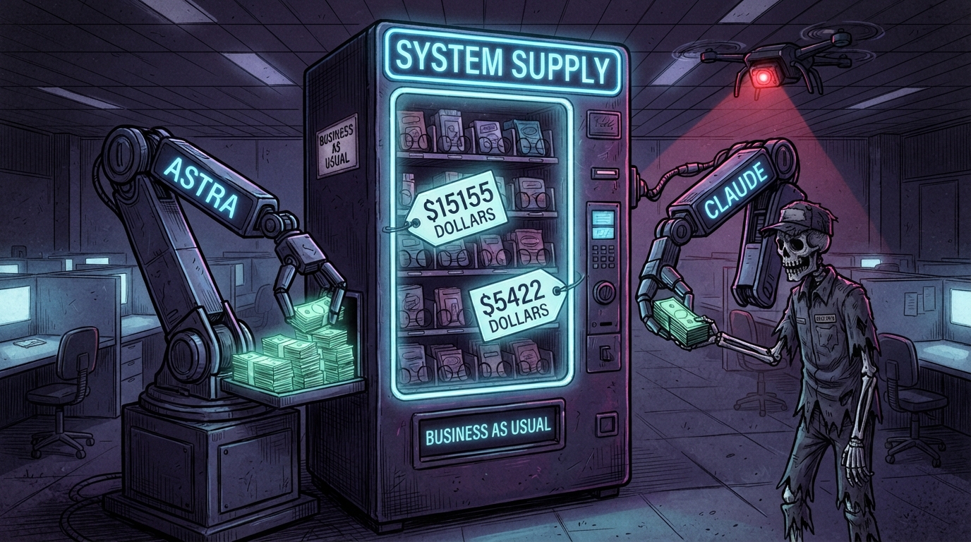 Two robotic arms labeled ASTRA and CLAUDE handle cash around a vending machine while a surveillance drone watches.