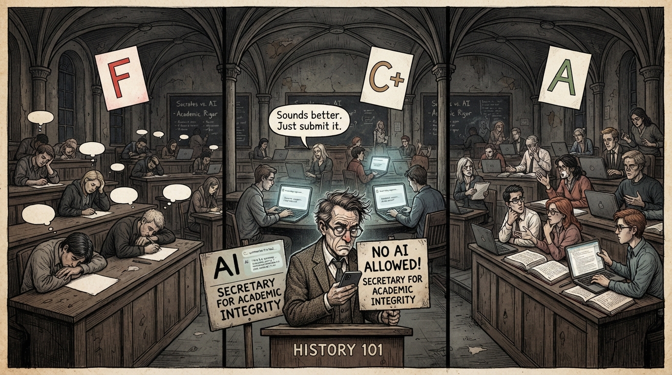 A professor bans AI with a sign while checking his own phone as classrooms earn F, C+, and A grades.