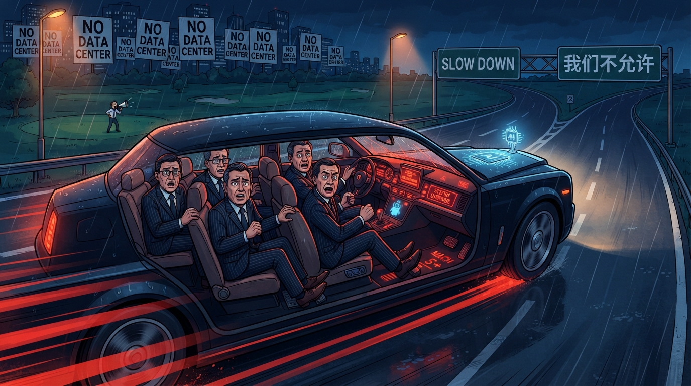 Five panicked CEOs press brake pedals inside a luxury car speeding past SLOW DOWN protest signs at night.