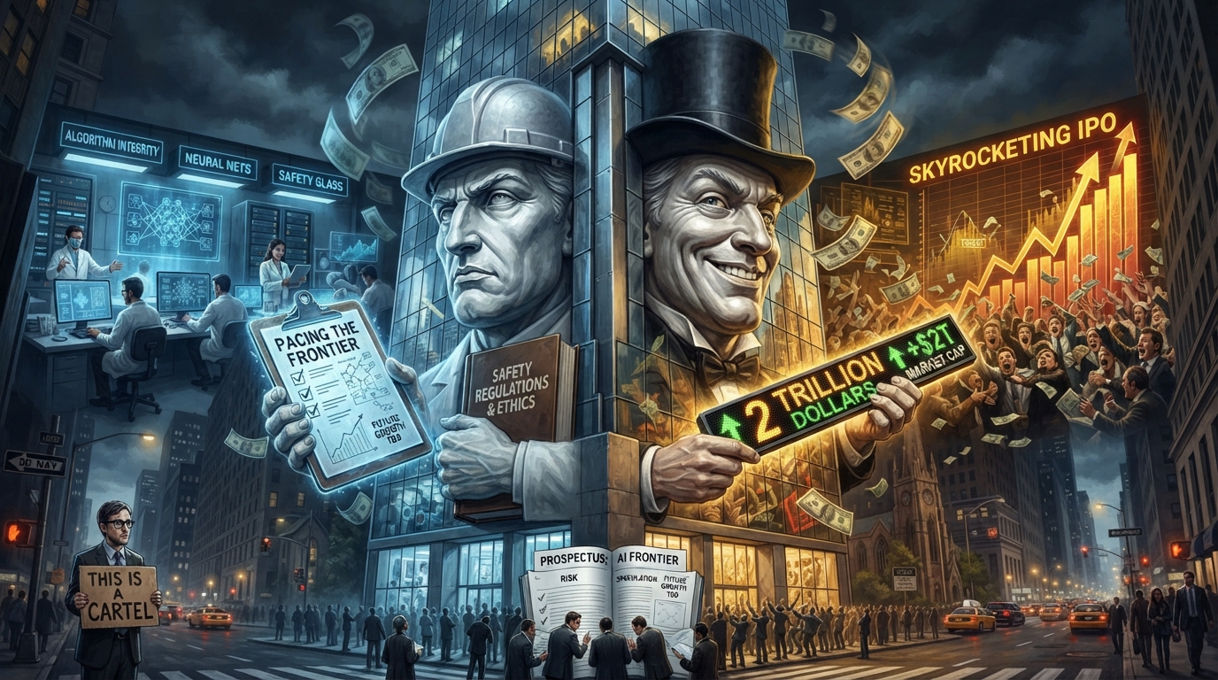 A two-faced skyscraper shows a safety-helmet face beside a top-hat face holding a 2 TRILLION stock ticker.