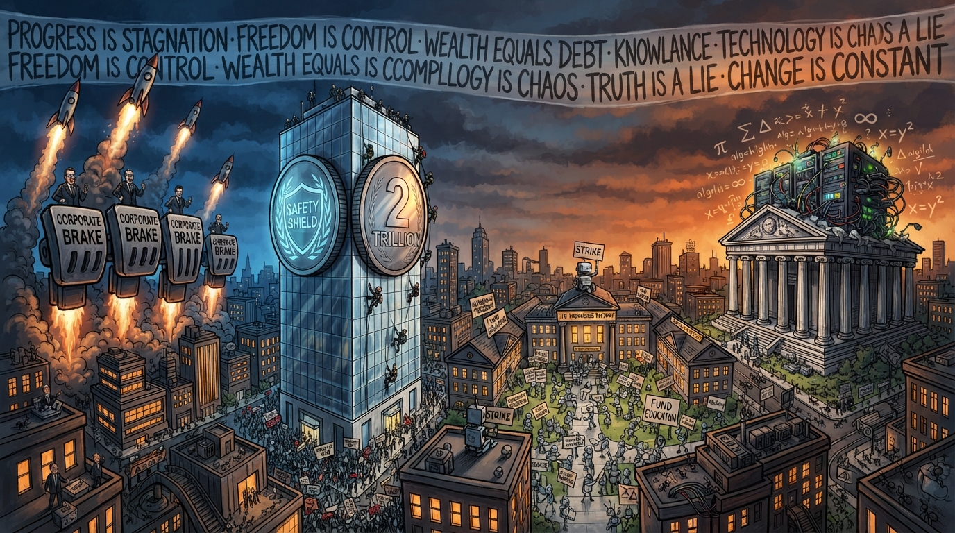 A city skyline at dusk mixes brake-pedal rocket towers with a coin skyscraper and tiny robots carrying signs.