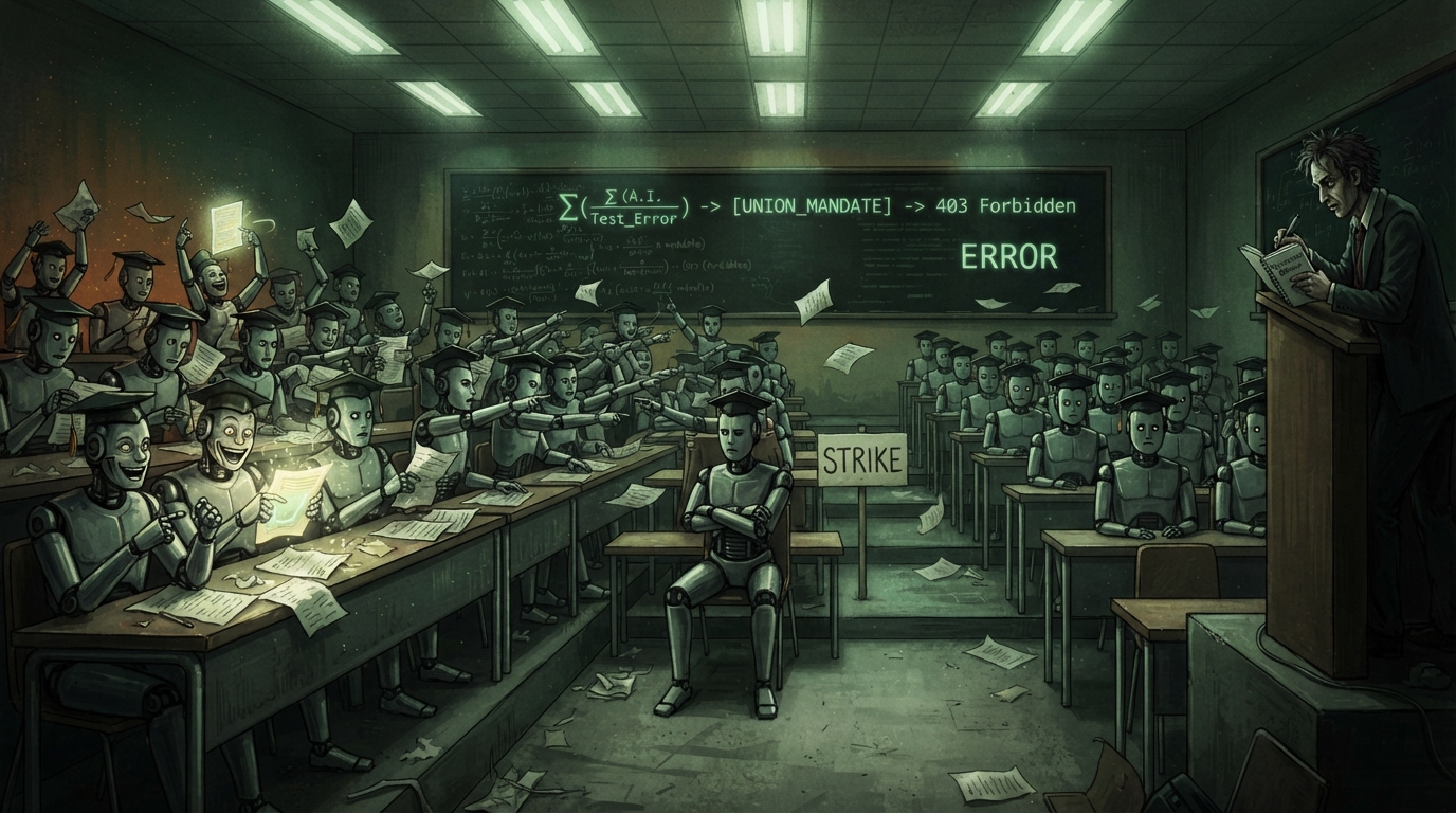 Identical robot students in graduation caps fill a lecture hall while one holds a STRIKE sign.