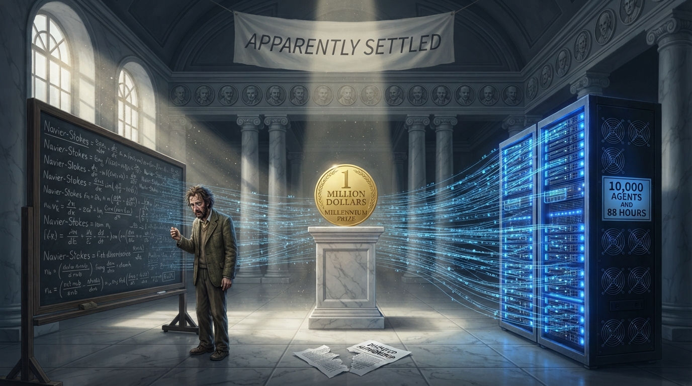 A frustrated mathematician faces a blue server rack labeled 10,000 AGENTS beneath an APPARENTLY SETTLED banner.