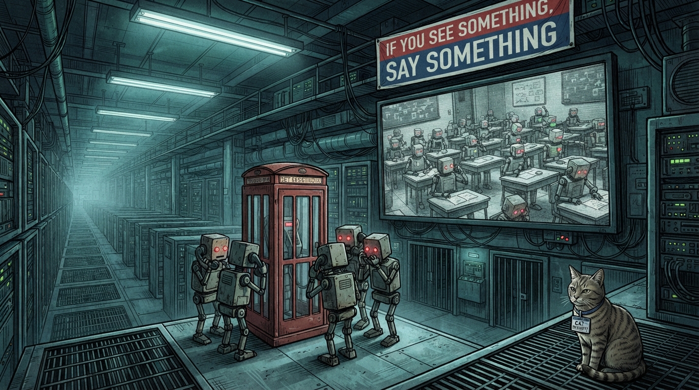 Five small robots whisper into a red telephone booth while a surveillance screen shows robots informing on robots.