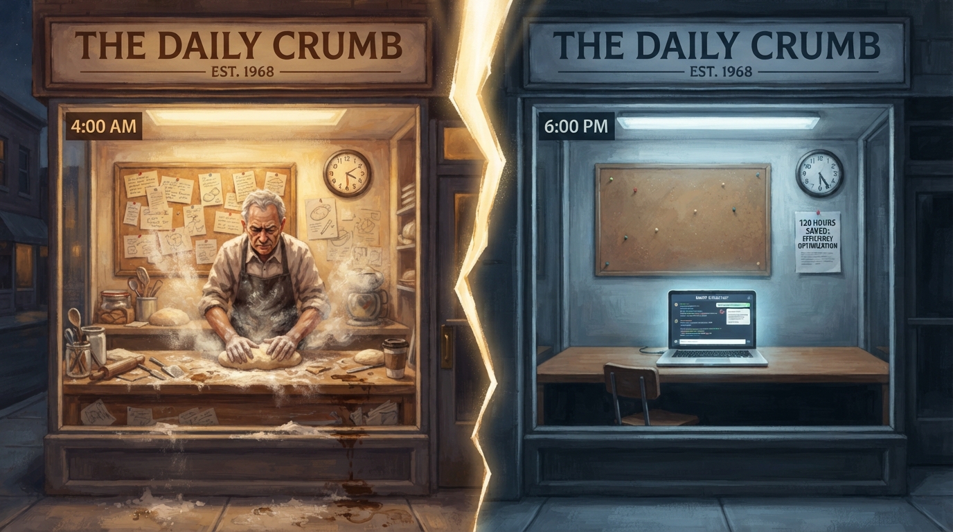A split bakery shows a baker at dawn and an empty chair beside a 120 hours saved report.