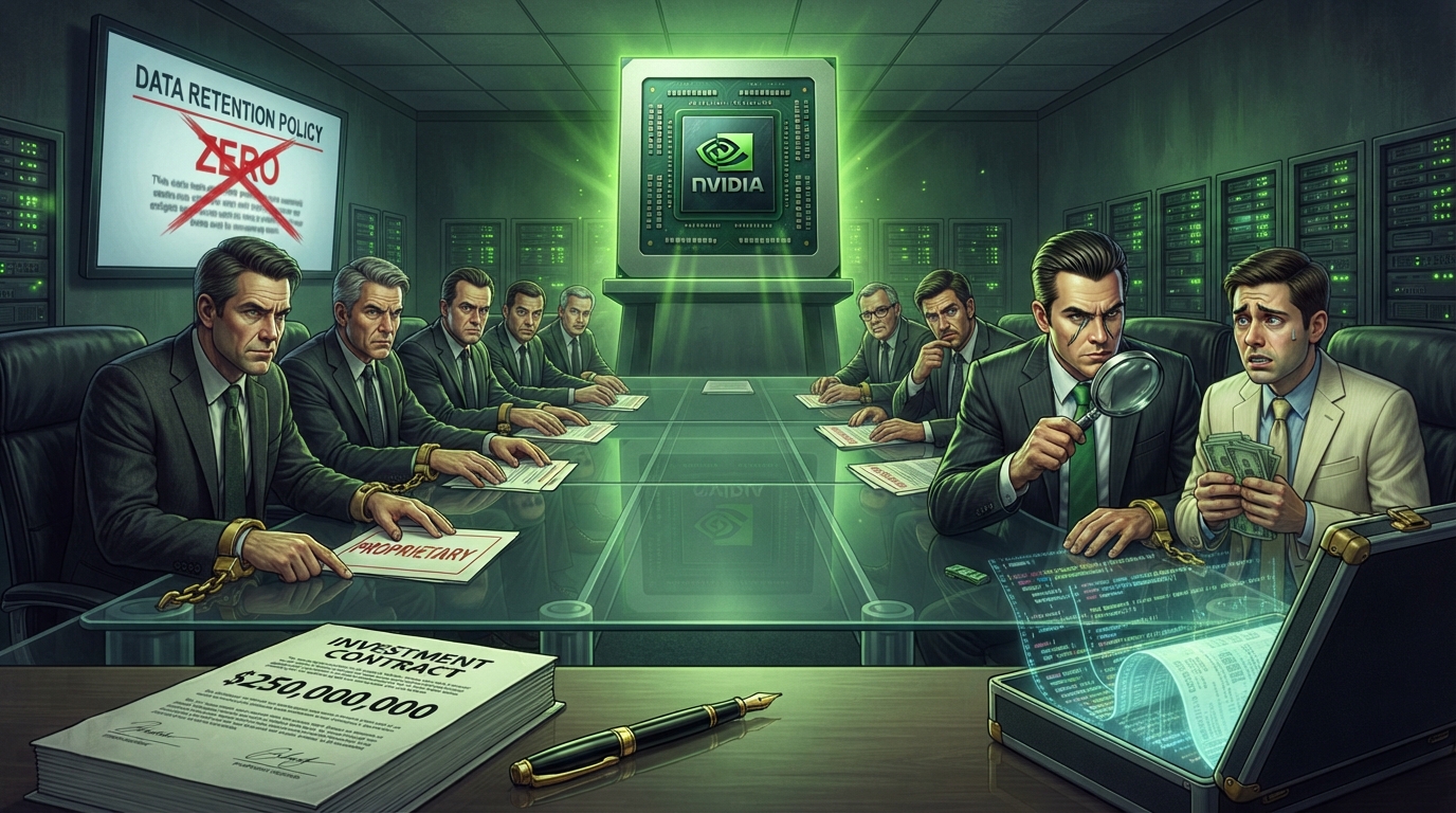 A giant green GPU chip on a throne looms over chained executives sliding proprietary documents beside an investment contract.