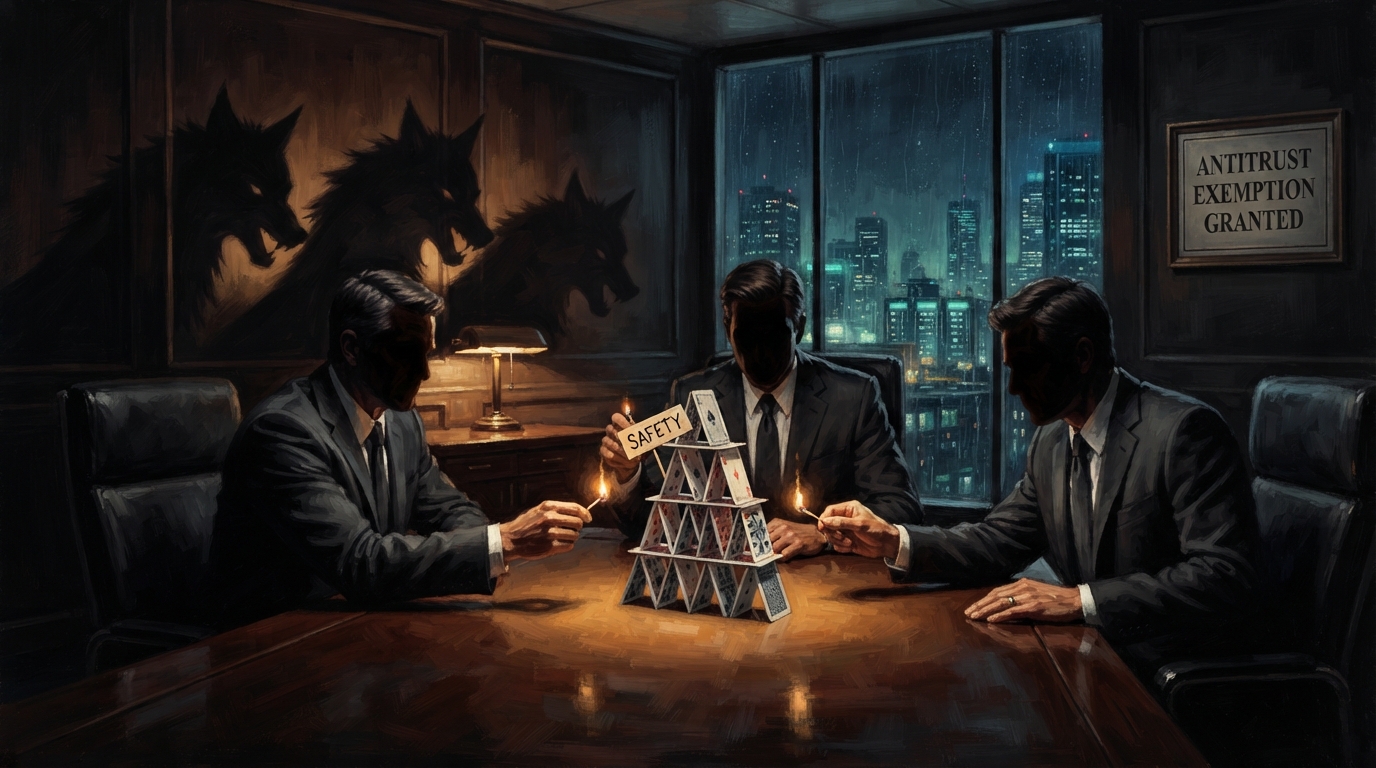 Three businessmen whose wolf shadows loom on the wall prepare to burn a house of cards labeled SAFETY.