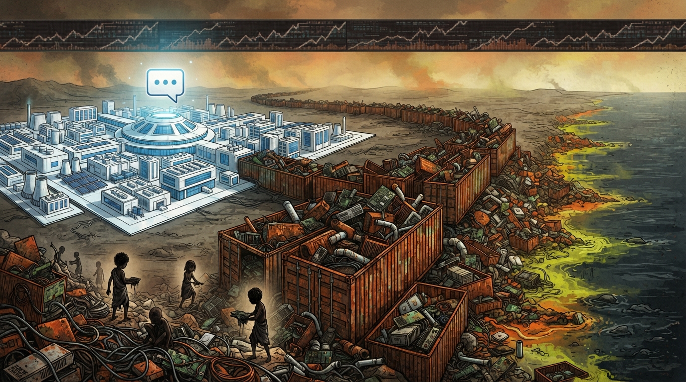 A pristine data center with a speech bubble icon feeds into a chain of overflowing e-waste containers stretching toward a polluted ocean.