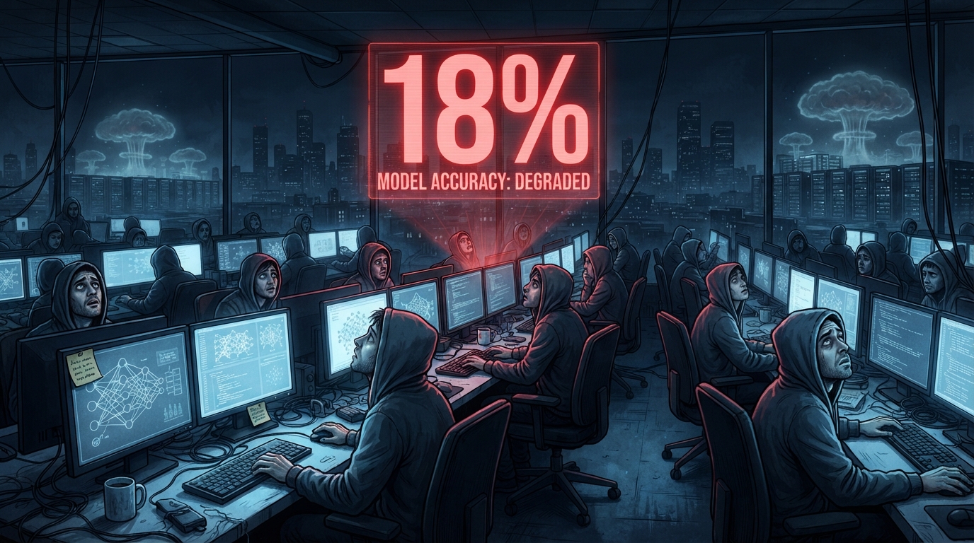 Researchers in hoodies stare at a red 18 percent hologram floating in a dark office.