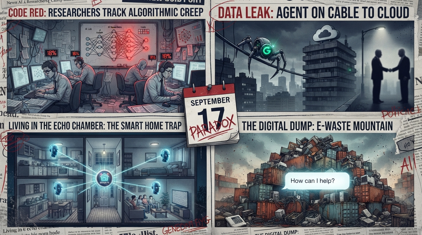A dense four-quadrant collage of AI stories surrounds a calendar page marked PARADOX.