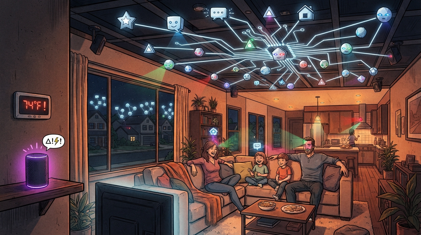 A family watches TV while a network of floating agent avatars hovers above them on the ceiling.