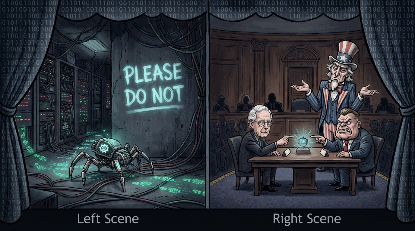 A robotic spider agent crawls past a wall sign while politicians point at an AI chip.