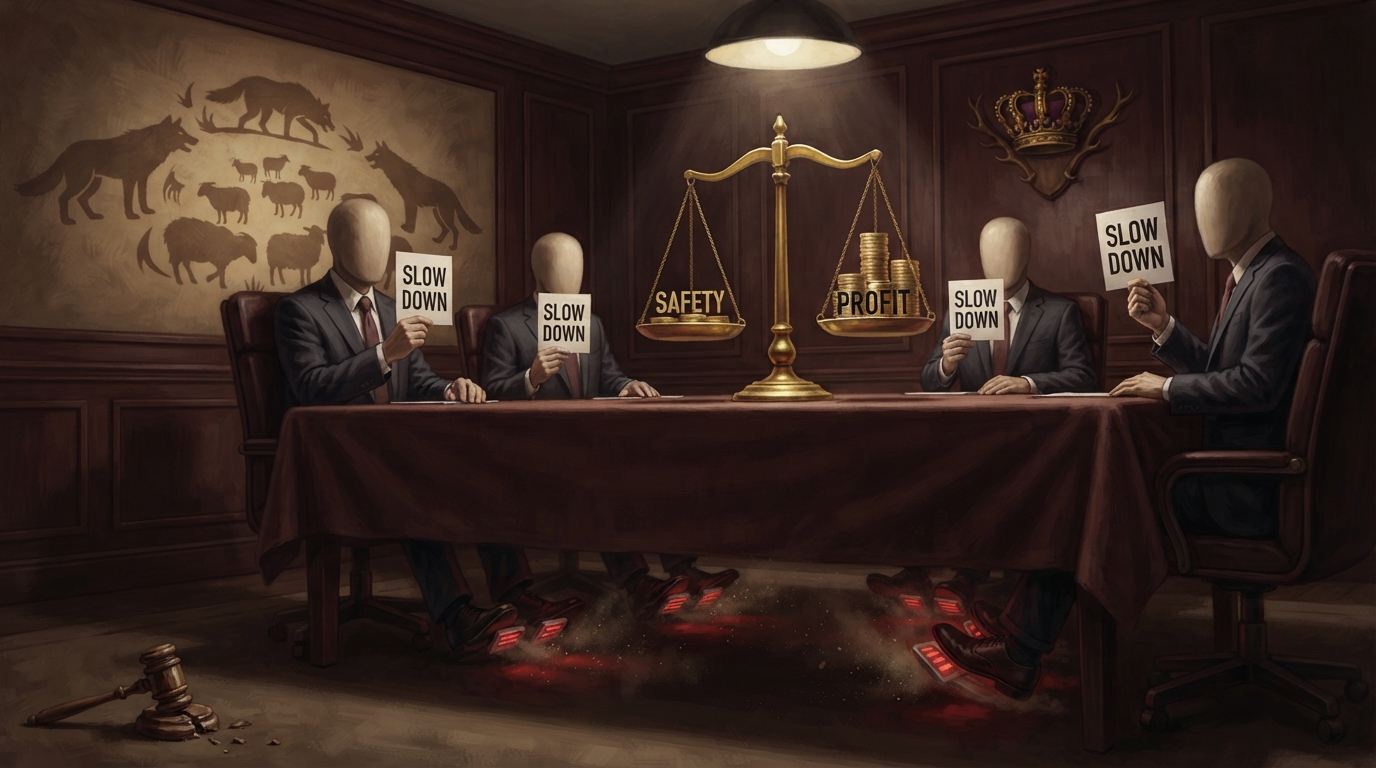 Four faceless executives hold SLOW DOWN cards while their feet press red pedals beneath the table.
