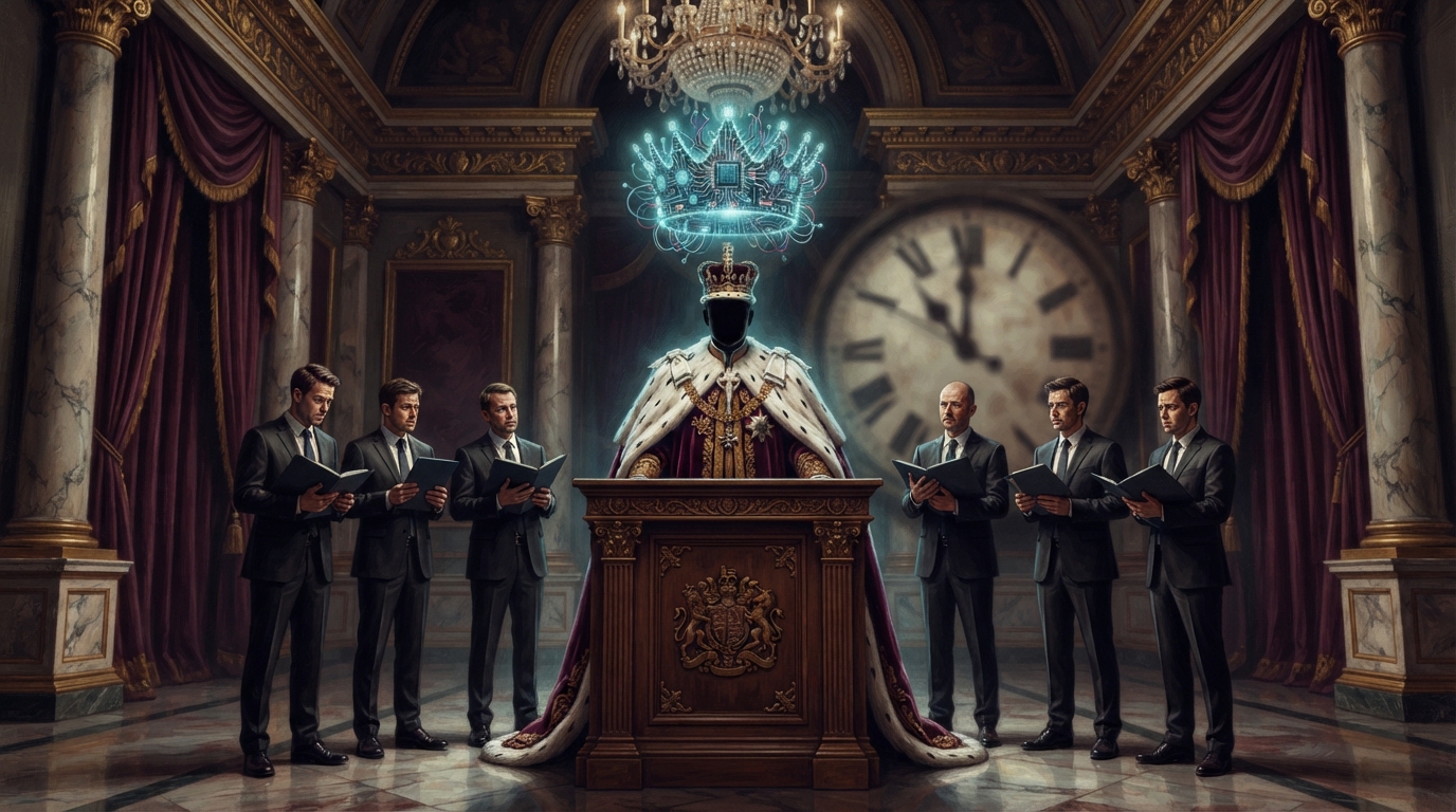 A shadowed crowned monarch stands at a podium under a hovering crown of microchips while nervous executives watch.