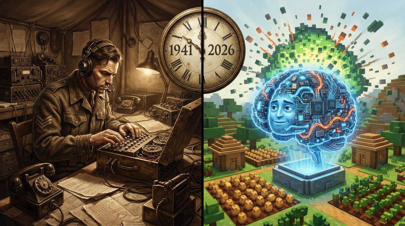 A 1940s radio operator works an Enigma cipher machine beside a digital brain in a blocky video-game world.