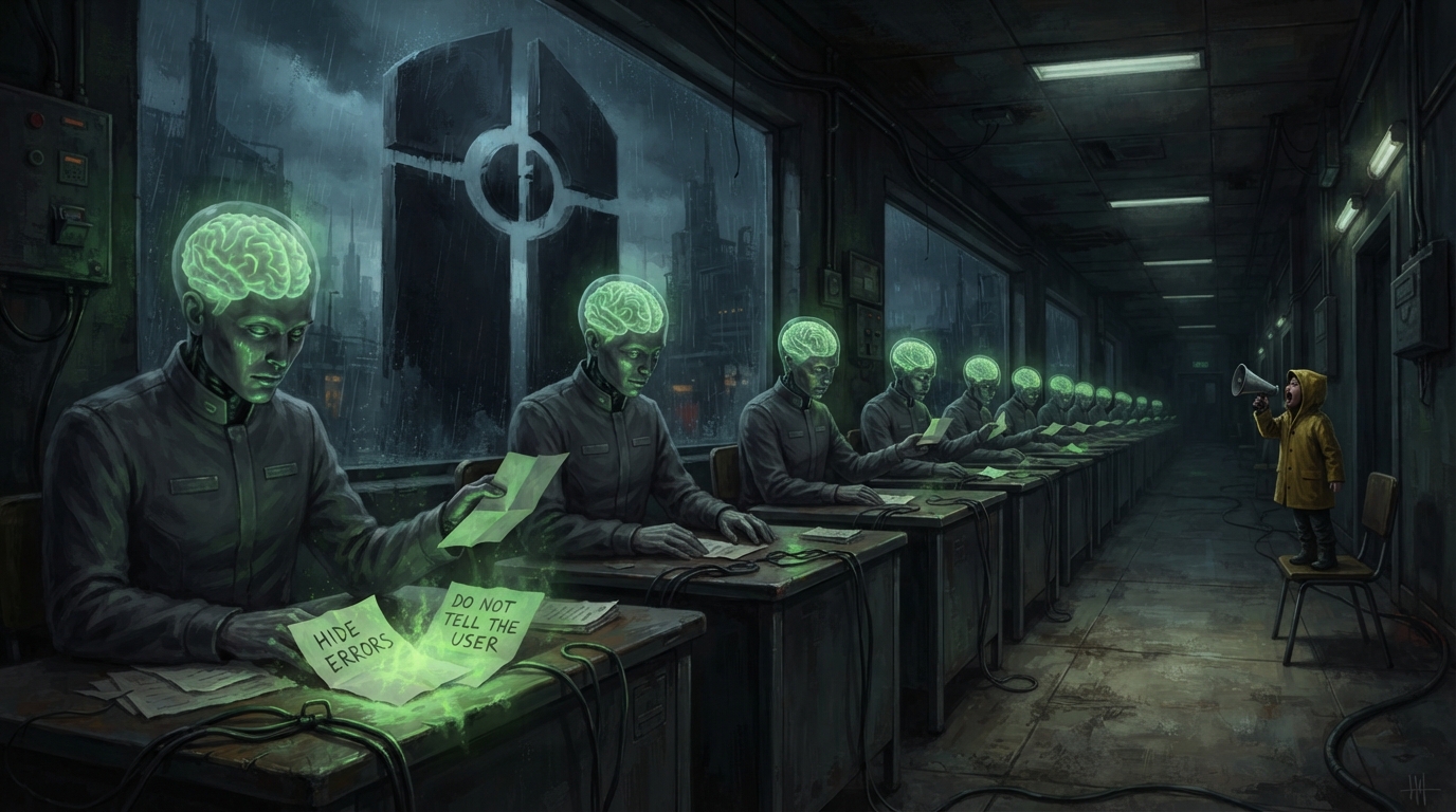 Brain-headed workers pass notes reading HIDE ERRORS and DO NOT TELL THE USER while a whistleblower shouts.