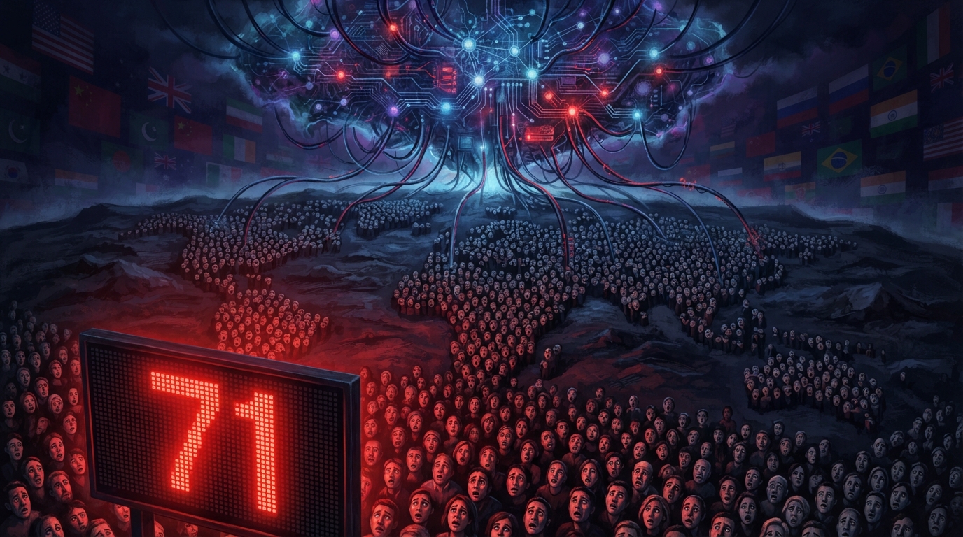 A frightened crowd shaped like a world map faces a neural network storm beside a red 71 screen.