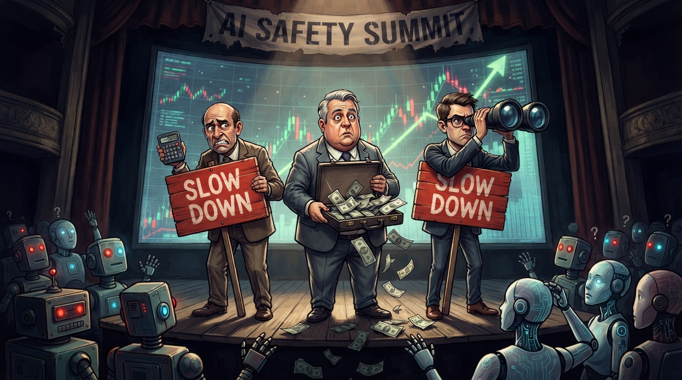 Three executives wave SLOW DOWN signs while stock charts rise behind them on stage.
