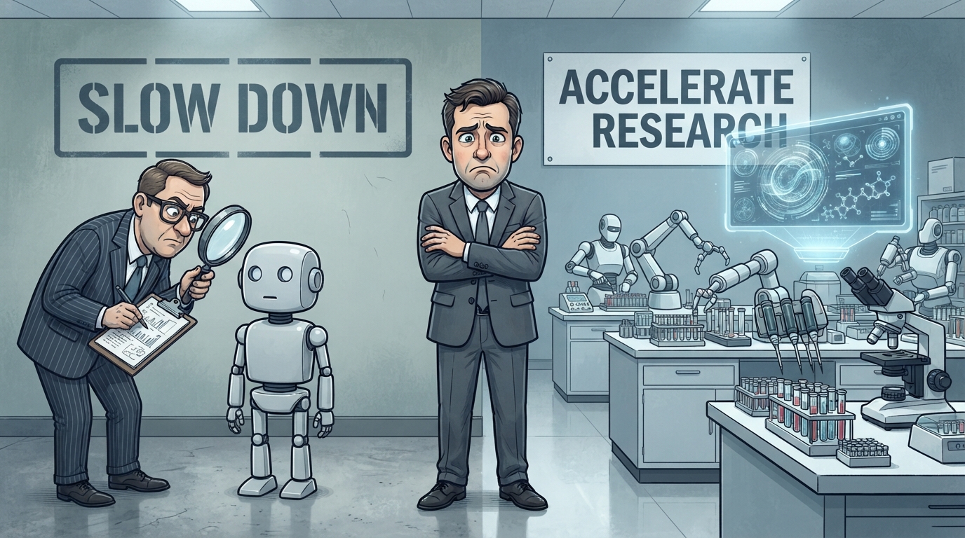A consultant inspects a small robot while lab machines run experiments and a conflicted executive stands between them.