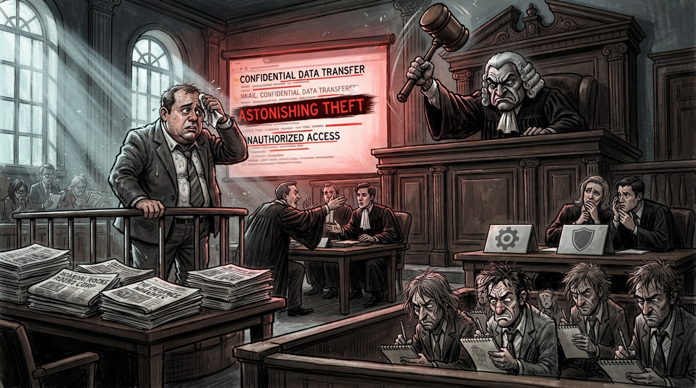 A sweating executive on the witness stand watches ASTONISHING THEFT highlights on a courtroom screen.