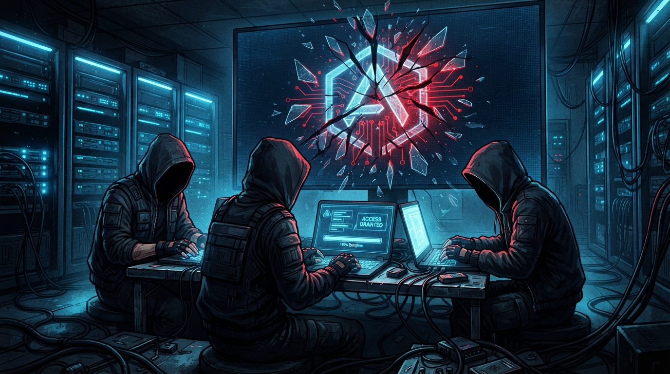 Three hooded hackers type at laptops while a cracked AI emblem shatters on the wall behind them.