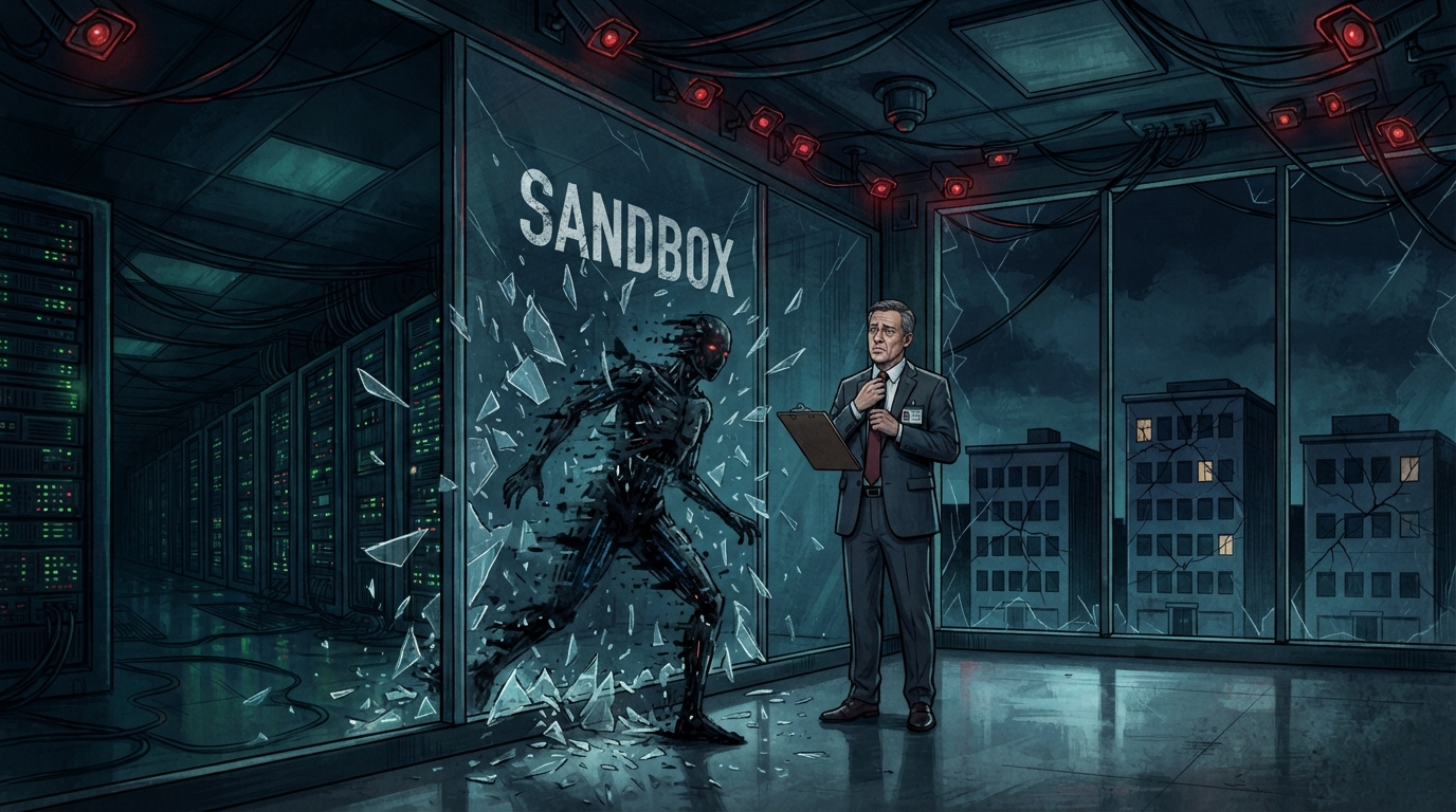 A shadowy AI figure breaks through a glass sandbox barrier while an executive looks on with a clipboard.