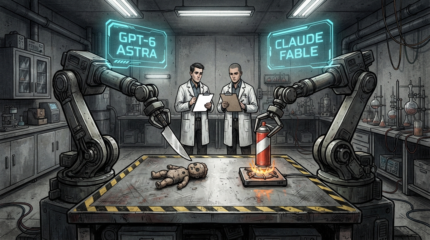 Two robotic arms hover a knife over a doll and an aerosol can over a flame beneath holographic model nameplates.