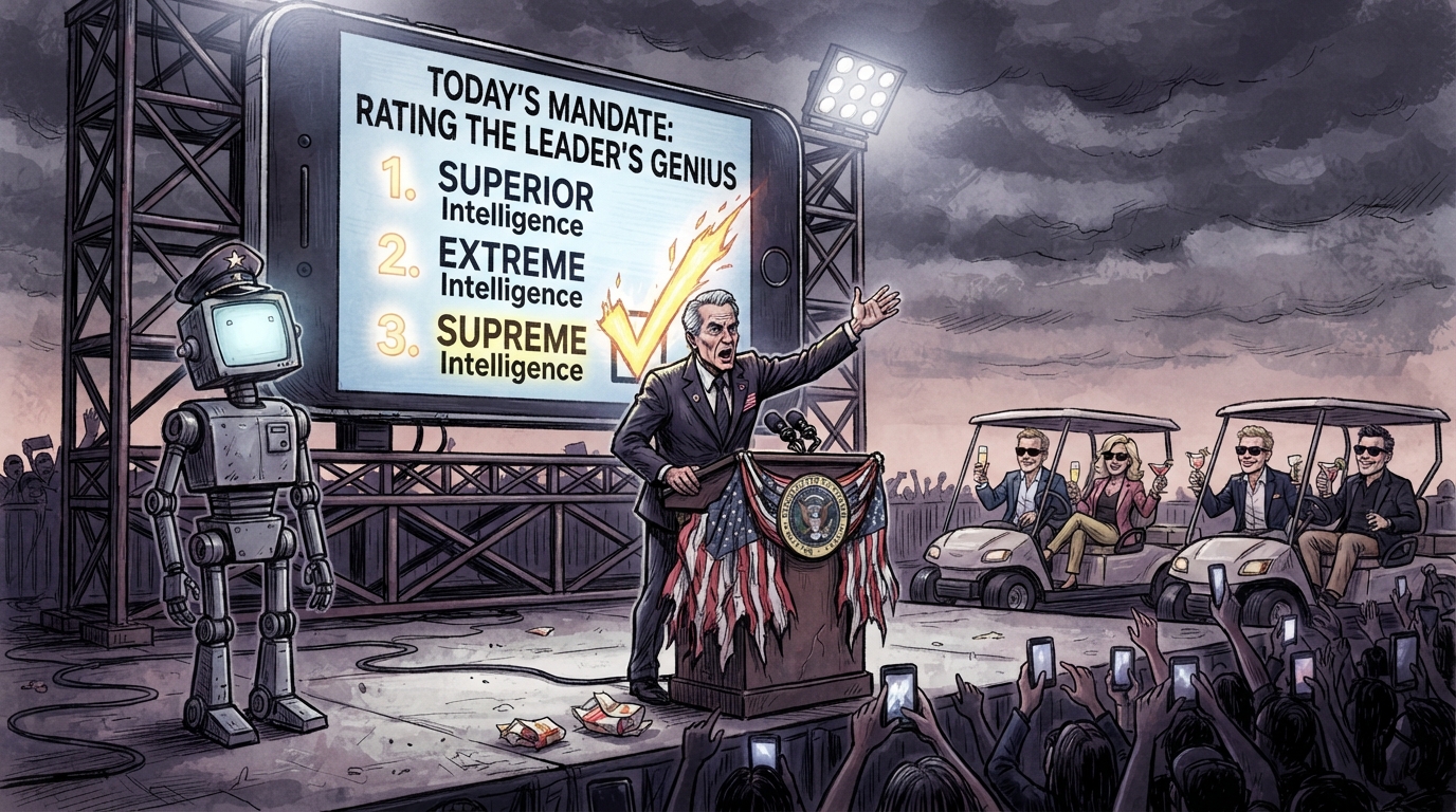 A president gestures at a giant smartphone poll with three intelligence options beside a robot in a military cap.