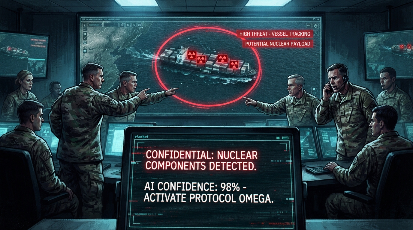 Military officers watch a wall screen of a cargo ship with nuclear warnings while a chatbot interface flashes an alert.
