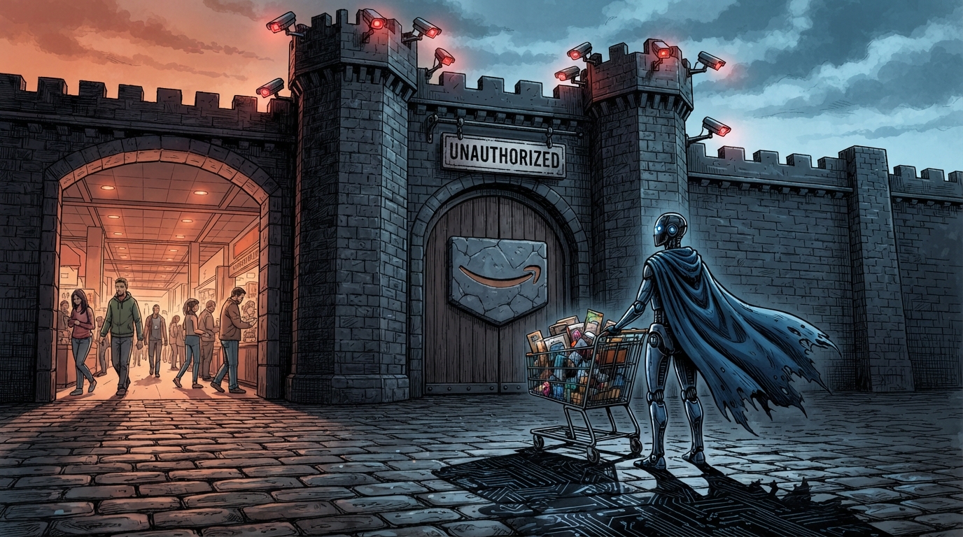 An AI agent with a shopping cart approaches a fortress gate marked UNAUTHORIZED while cameras watch.
