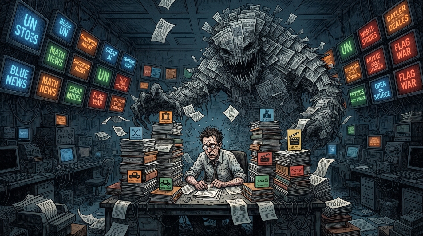 An exhausted editor drowns in paper stacks while a giant AI made of clippings looms above the newsroom.