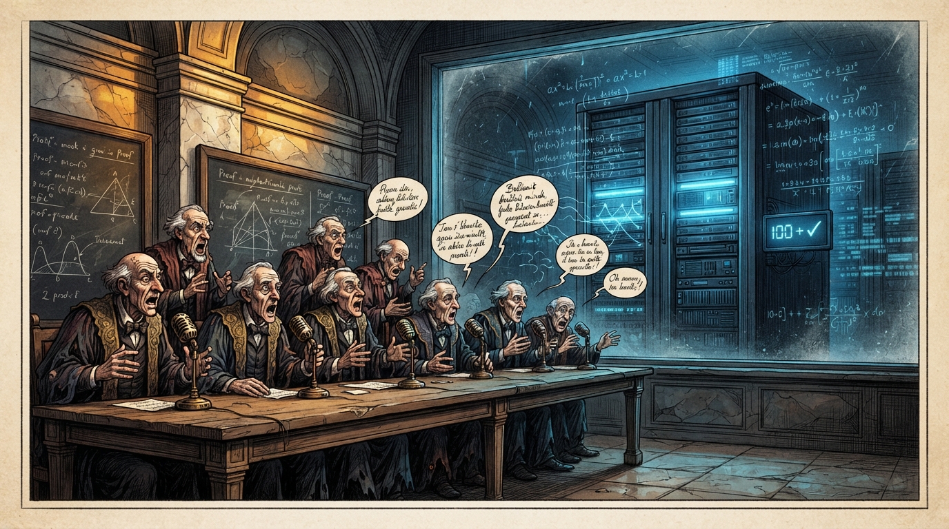 Nine robed academics shout into microphones while a bright server rack displays a checkmark behind glass.