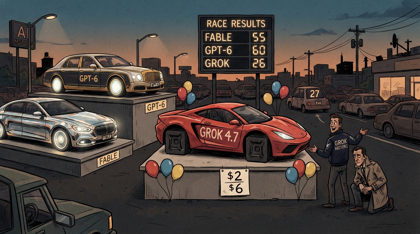 A flashy sports car with square wheels labeled Grok sits on a pedestal beneath chrome and gold rivals.
