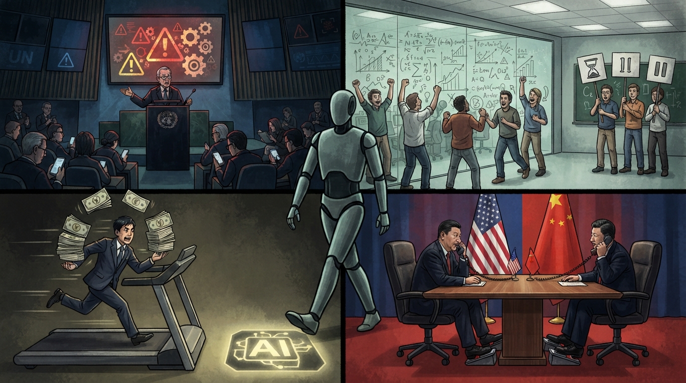 A four-panel cartoon shows UN warnings, celebrating engineers, a sprinting investor, and accelerating flag rivals.