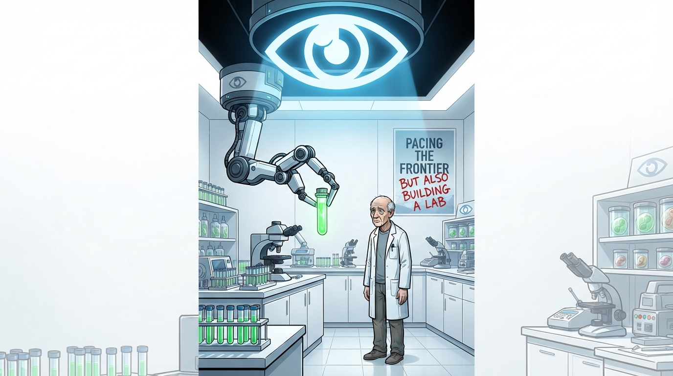 A robotic arm holds a green test tube beneath a giant eye emblem while a passive researcher looks on.