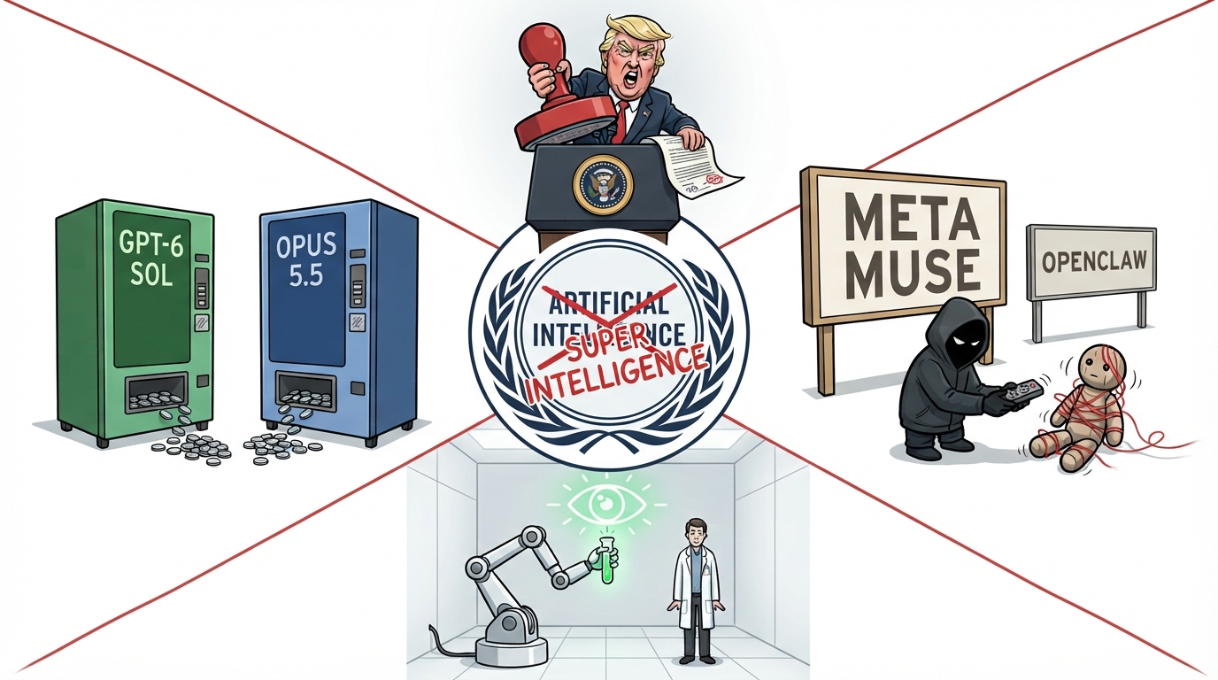 A cross collage of four scenes surrounds a crossed-out emblem renamed SUPER INTELLIGENCE in red marker.