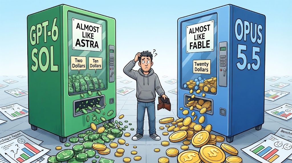 A puzzled developer with an empty wallet stands between two model vending machines spilling tokens.