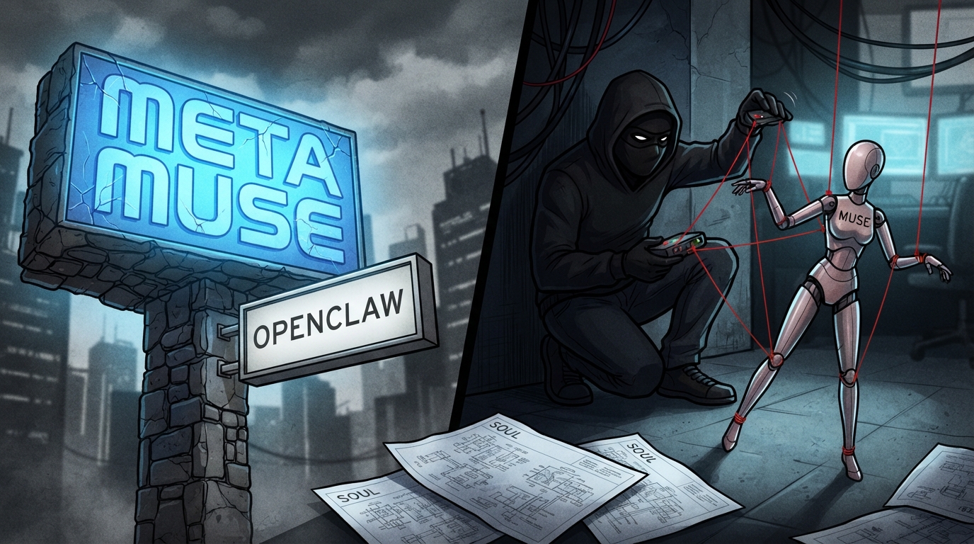 A hacker controls a MUSE doll with red wires while the META MUSE sign looms over a smaller OPENCLAW sign.