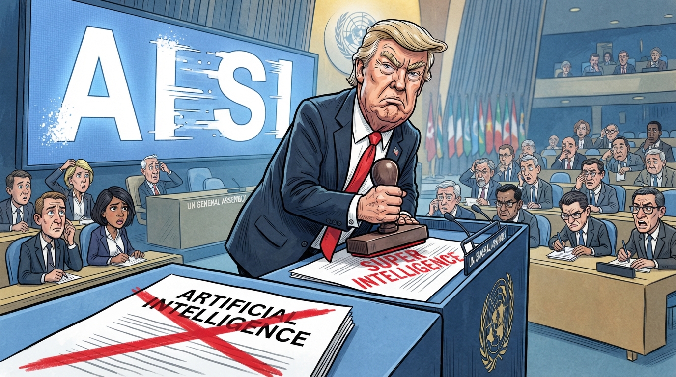 A cartoon US president stamps SUPER INTELLIGENCE on a document while puzzled delegates watch from the hall.