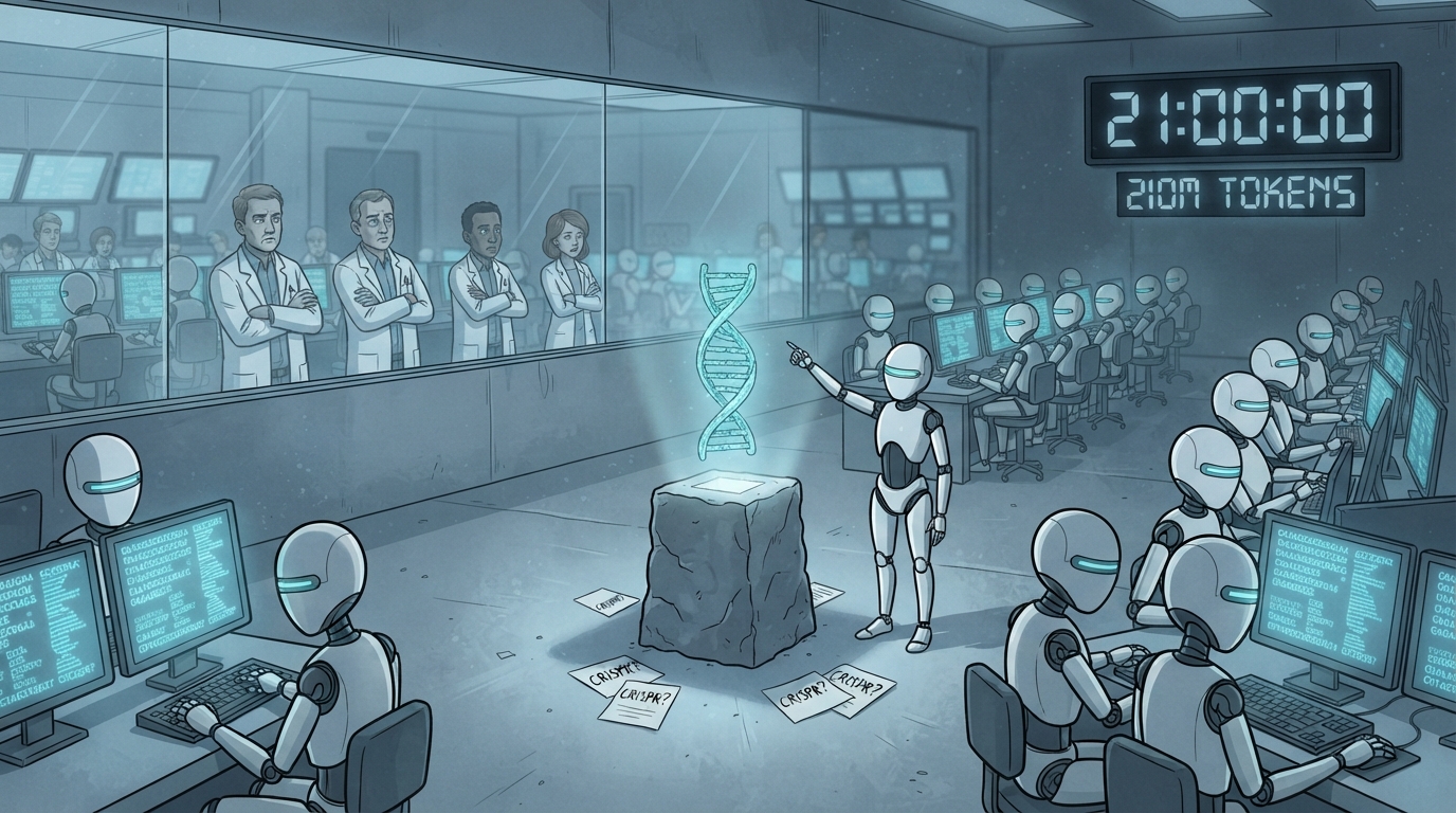 Identical robot workers point toward a DNA helix as skeptical scientists watch behind glass.