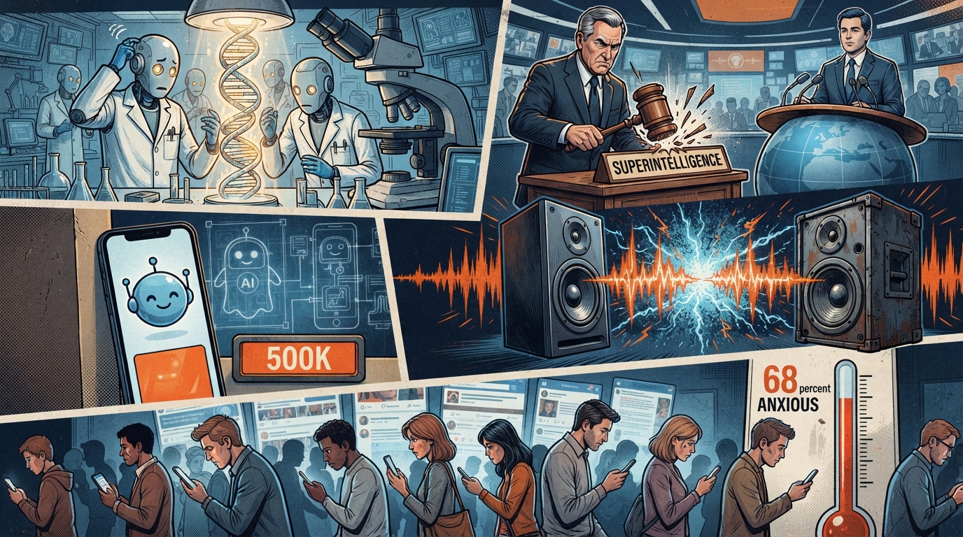 Four AI news vignettes surround a thermometer rising toward 68 percent ANXIOUS.