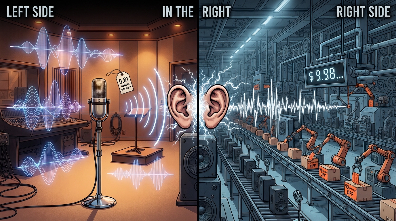 Two human ears catch colliding sound waves between a studio microphone and a factory speaker.