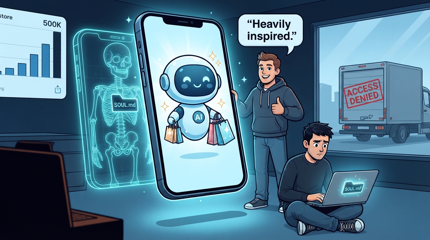 A giant AI assistant app smiles with shopping bags while a lone developer watches the same file on a laptop.