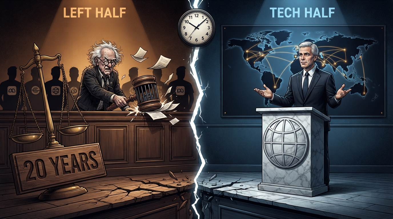 A senator's prison-shaped gavel weighs against a globe podium where a tech executive calmly speaks.