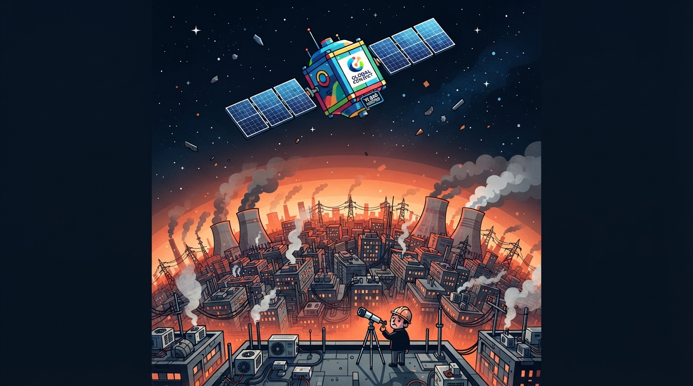 A small satellite with wide solar panels orbits a smoking overcrowded Earth as a tiny engineer watches through a telescope.