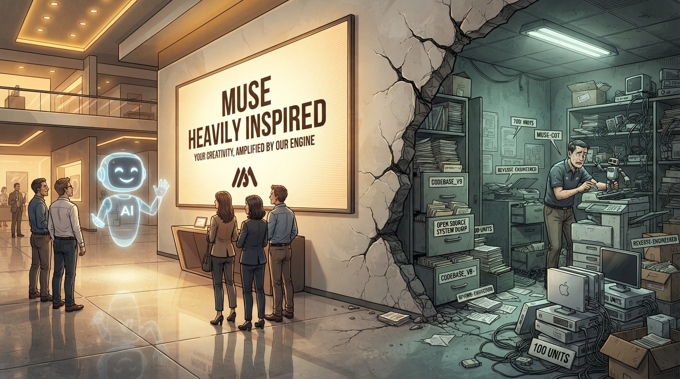 A smiling AI avatar waves in a polished showroom while a cluttered backstage spills files through a cracked wall.